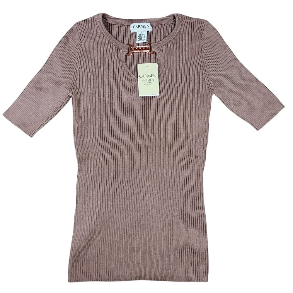 NWT Carmen Marc Valvo Women's Size Small Cameo Rose‎ Ribbed Knit 3/4 Sleeve Top